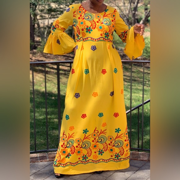 Yellow Multicolor Embroidered Bell Sleeve Maxi Dress - Picture 9 of 11